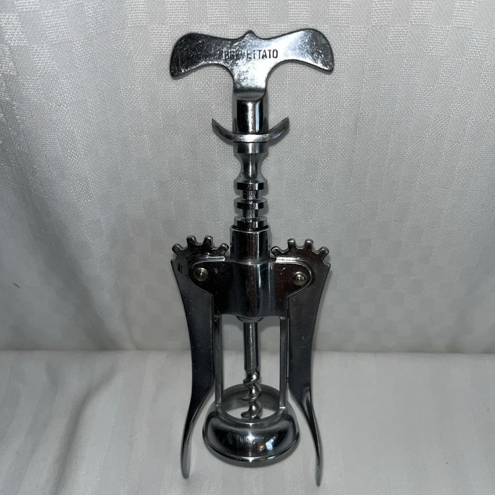 Vintage Brevettato Italy Plated Brass Wing Corkscrew Wine Opener w/Curved Handle